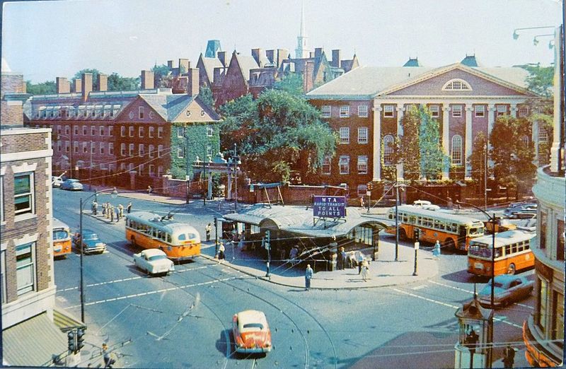 Harvard square 1950s old postcard
